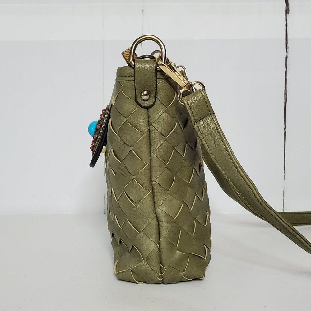 Vintage Boho Olive Green Turquoise Medallion Woven Festival Crossbody Bag - Picture 10 of 11